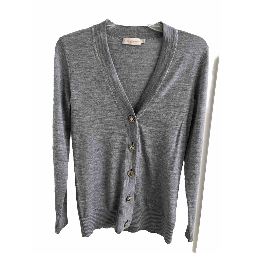 EUC Tory Burch Gray 100% Wool Gold Logo Buttons Cardigan Sz Small